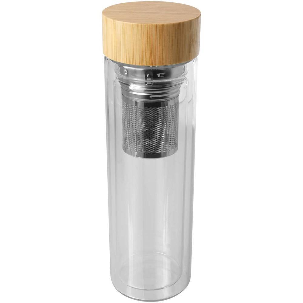 Borosilikatglas-Trinkflasche mit Infuser und Bambusdeckel VELA